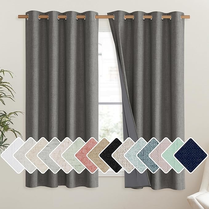 NICETOWN Grizzle Gray Vintage Linen 100% Blackout Curtains for Living Room, Thermal Insulated Curtains 48" Long, Noise Reducing Window Treatment Drapes for Hall Room, 52" Wide Per Panel, Set of 2