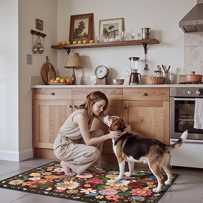 2x5 Entryway Runner Rugs, Non Slip Washable Rugs with Rubber Backing Soft Floral Carpet Runner for Kitchen, Laundry, Bedroom, Bathroom(2 x 5, Black/Brown)