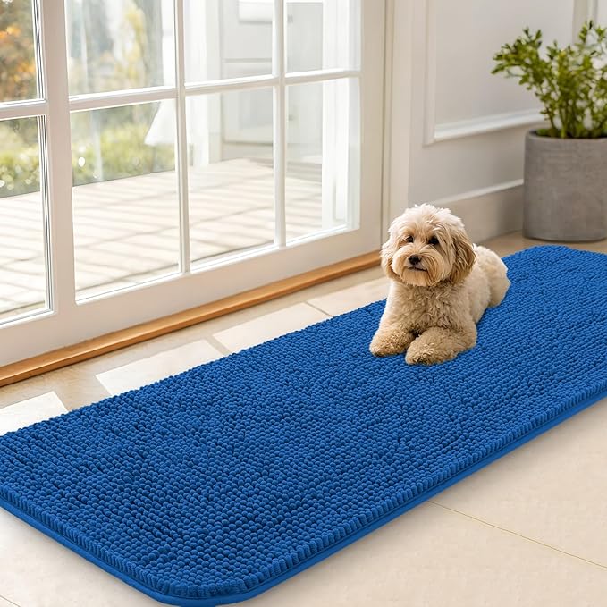 OLANLY Dog Door Mat for Muddy Paws 59x20, Absorbs Moisture and Dirt, Absorbent Non-Slip Washable Doormat, Quick Dry Chenille Mud Mat, Entry Indoor Entryway Carpet for Inside Floor, Deep Navy Blue