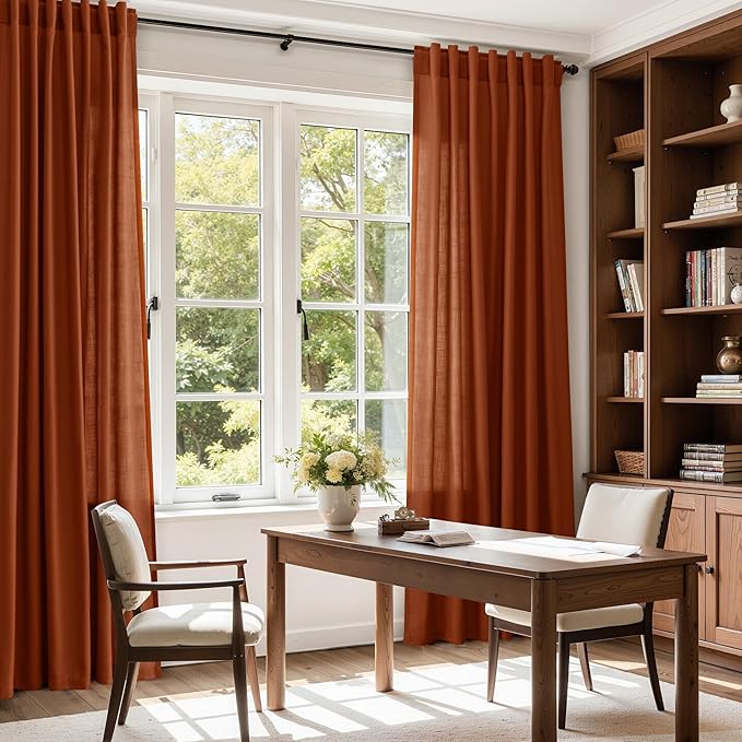 Nanspring Rustic Farmhouse Linen Curtains 96 Inches Long 2 Panel Set Back Tab Terracotta Boho Curtain for Living Room Semi Sheer Light Filtering Luxury Home Decor for Bedroom Dining Room 60x96
