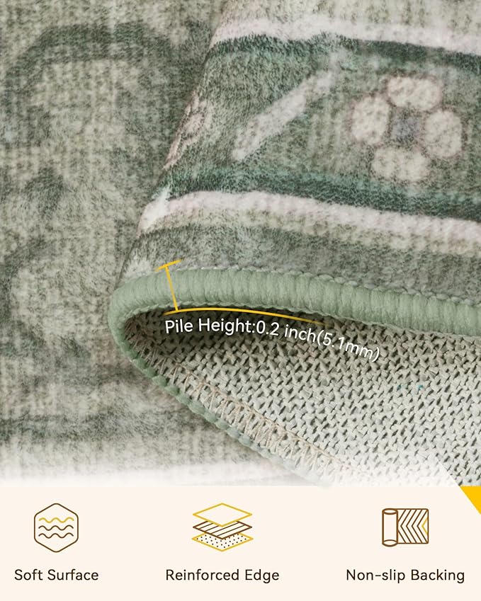 RELEANY Area Rugs 5'x7' Washable Non-Slip, Floral Vintage Distress Print Pattern Medallion Carpet for Living Room Bedroom Dining Room, Dark Green Gray