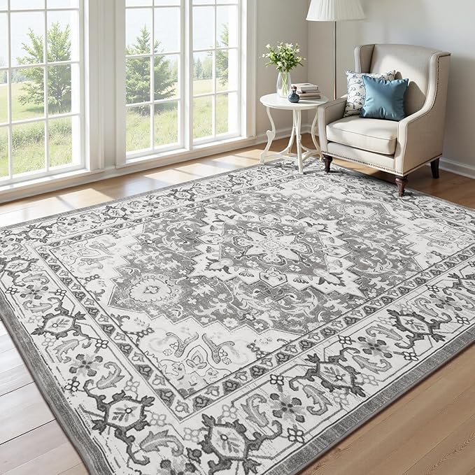 Lofus 8x10 Area Rugs for Living Room, Washable Area Rug, Rugs for Bedroom, Kitchen, Vintage Boho Carpet, Soft Non-Slip, Low Pile Large Area Rug for Office Dining Room, Floral Grey