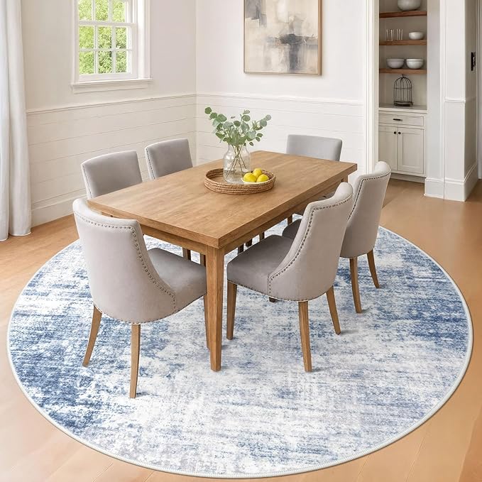 IOHOUZE Abstract Round Area Rug 8 Ft Washable Circle Rugs Large Round Rug Non Slip Thin Soft Circle Rugs, Printed Faux Wool Floor Carpet for Bedroom Living Room Dining Room Nursery, Light Blue Grey