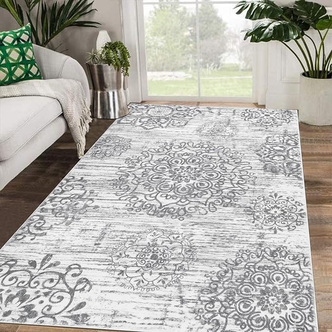 HEBE Washable Area Rug - 4'x6' Non Slip Soft Distressed Medallion Bedroom & Living Room Accent Throw Vintage Entry Floor Carpet for Dining Room & Bathroom Entryway