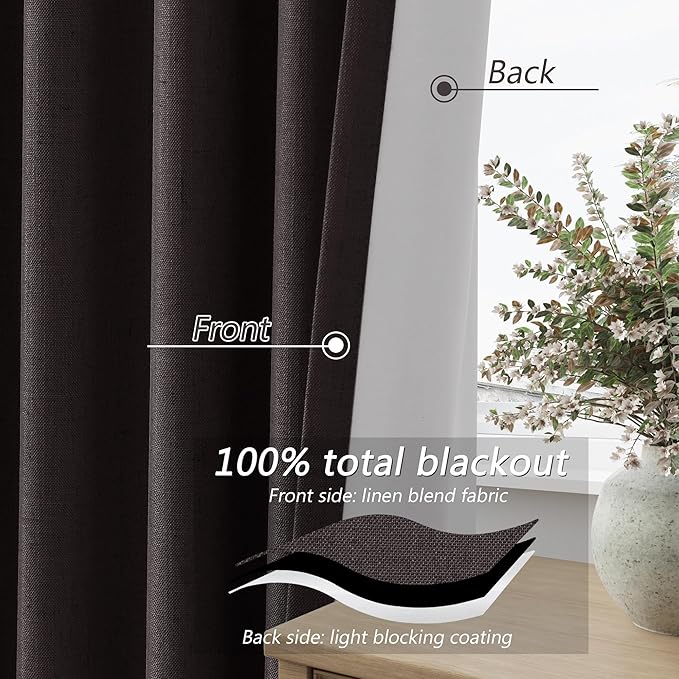 Guken Cocoa Coffee 100% Blackout Linen Curtains 96 Inch Length 2 Panels Set for Living Room Bedroom Back Tab/Rod Pocket Thermal Insulated Farmhouse Black Out Drapes Room Darkening,52x96