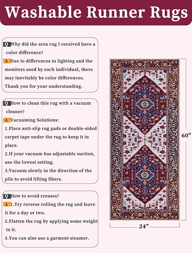 SERISSA Boho Washable Runner Rug, 2x5 Rug Runner Non-Slip Vintage Burgundy Navy Hallway Kitchen Runner Rug Ultra Soft Print Distressed Floor Carpet Runner for Bedroom Bathroom Laundry Living Room