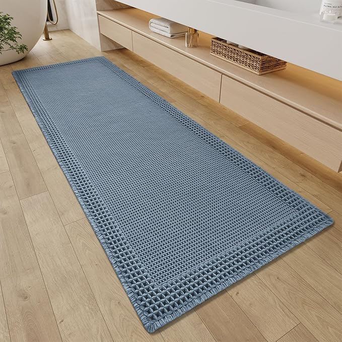 RESARE Waffle Bathroom Runner Rugs, Super Absorbent Bath Mat Non Slip Washable Quick Dry, Upgraded Ultra Soft Boho Bath Rugs with Tassels for Hallway Bedroom Laundry Room, 2'x5'(24"x60"), Blue