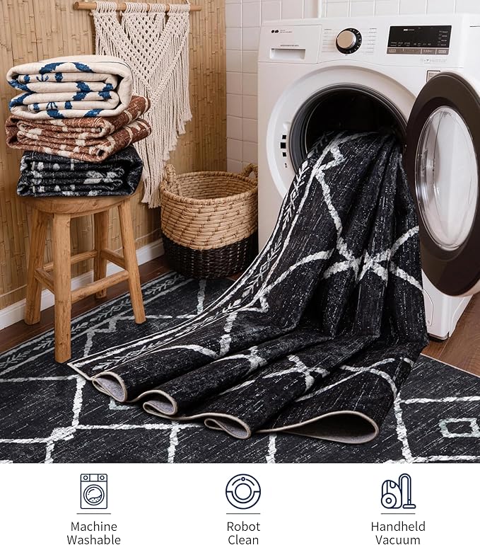 YIHOUSE Moroccan Rugs for Living Room, 6x9 Black and White Aztec Area Rug, Western Geometric Soft Low-Pile Washable Rugs for Bedroom, Dining Room
