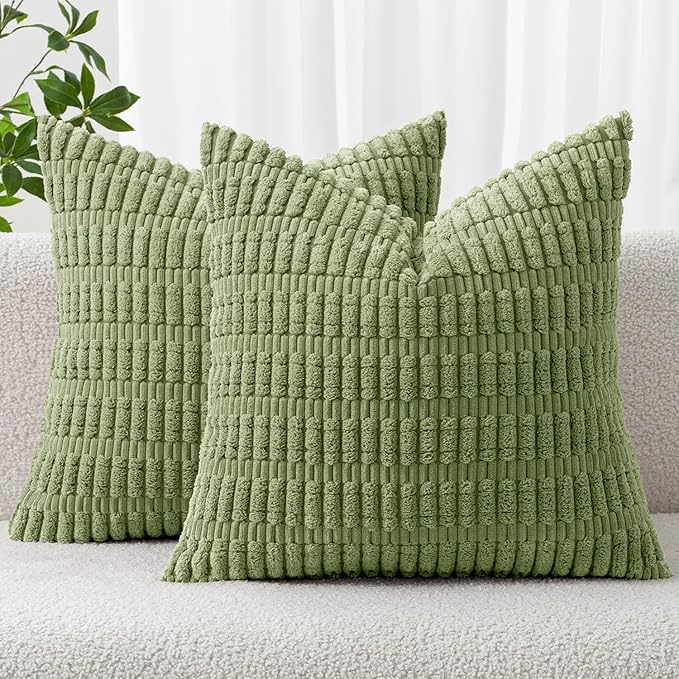MIULEE Pack of 2 Spring Corduroy Decorative Throw Pillow Covers 16x16 Inch Soft Boho Striped Pillow Covers Modern Farmhouse Home Decor for Summer Sofa Living Room Couch Bed Sage Green