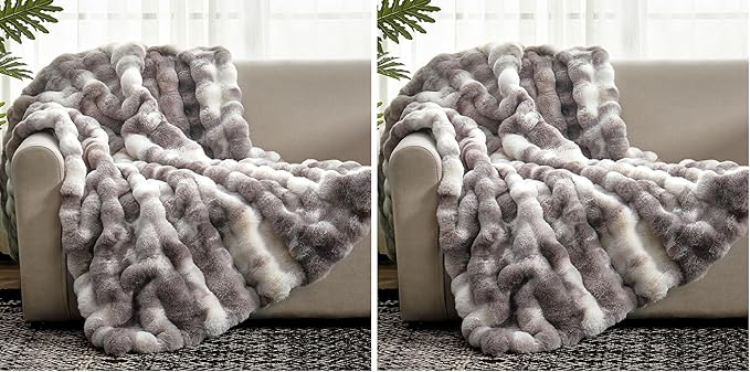 Cozy Bliss Faux Fur Throw Blanket for Couch, Fuzzy Soft Plush Thick Bubble Blanket for Sofa Bedroom Living Room, 50 * 60 Inches Tie-dye Taupe (Pack of 2)