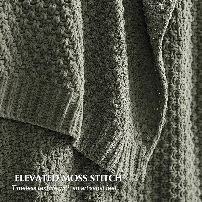 EVERGRACEHOME Chunky Chenille Knit Throw Blanket for Couch, Soft Luxurious Moss Stitch Blankets for Bed, Cozy Decorative Farmhouse Knitted Throws for Sofa, Dried Thyme Green, 50" x 60"