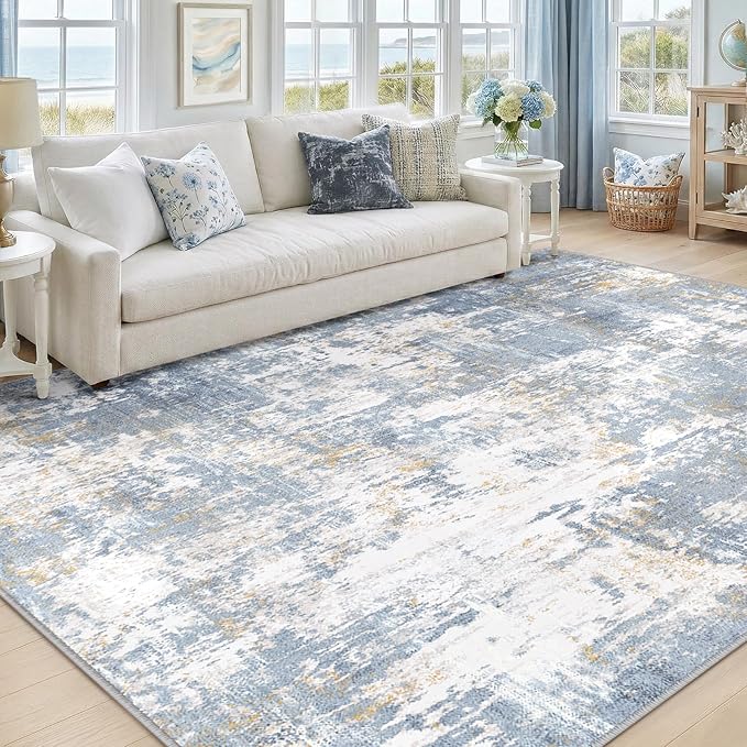 Washable Area Rugs 6'x9' Non-Slip Modern Abstract Soft for Living Room Entryway Bedroom Nursery, Print Pattern, Light Blue