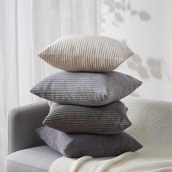 Topfinel Euro Shams Decorative Throw Pillows Covers for Bedroom,Large Cream Grey Fluffy Corduroy Western Home Decor Cushion Cases,Soft Neutral Gray Shams Set of 4 26x26 Inch