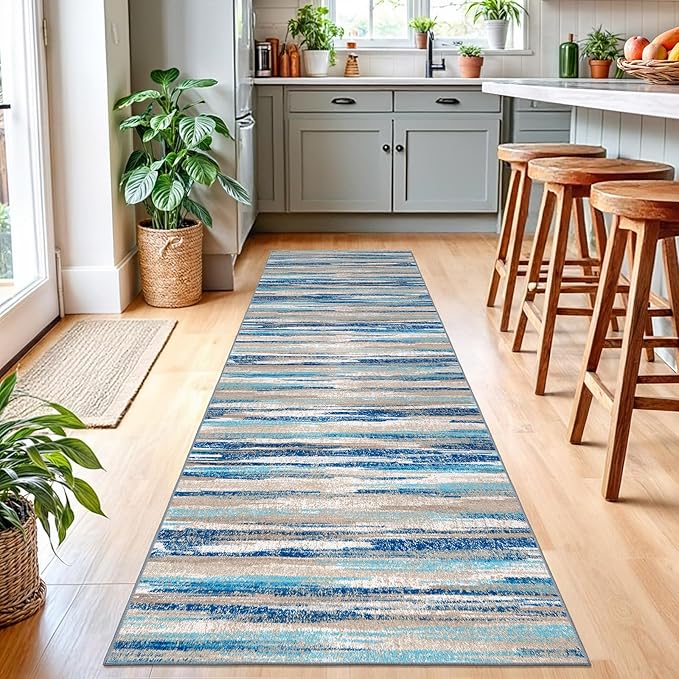 Lansny Modern Abstract Runner Rug 2.6x10, Blue Washable Long Kitchen Runner Non-Slip Soft Hallway Rug Runner Thin Print Faux Wool Carpet for Entryway Bedroom Laundry Room Indoor Home Decor
