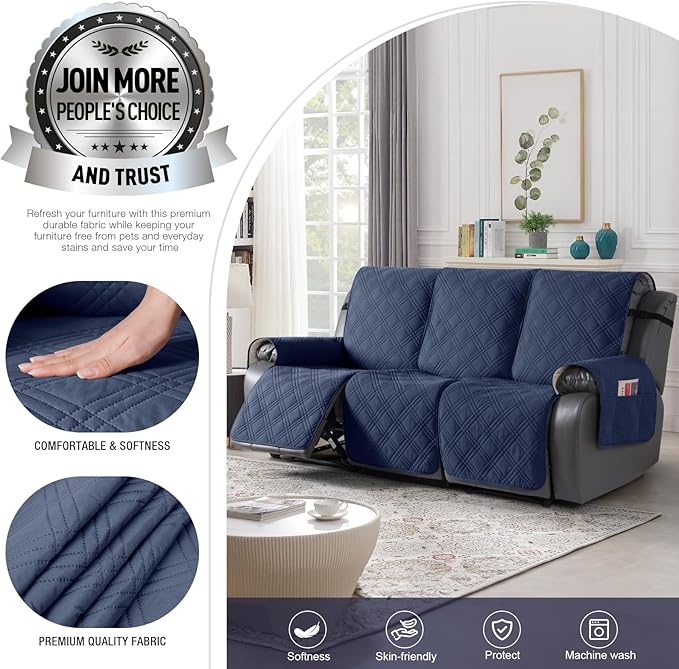 TAOCOCO 100% Waterproof Recliner Sofa Covers 3 Seater, Split Couch Covers for Reclining Couches for Kids Pets, Non Slip Reclining Couch Covers Furniture Protector with Straps(3 Seater, Navy Blue)