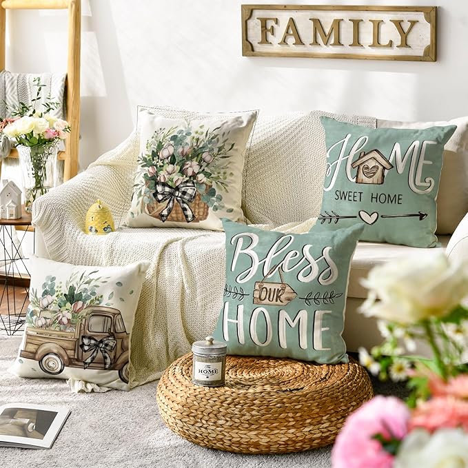 AVOIN colorlife Bless Our Home Farmhouse Eucalyptus Leaves Throw Pillow Covers, 20 x 20 Inch Blue Truck Home Sweet Cushion Case Decorations Set of 4