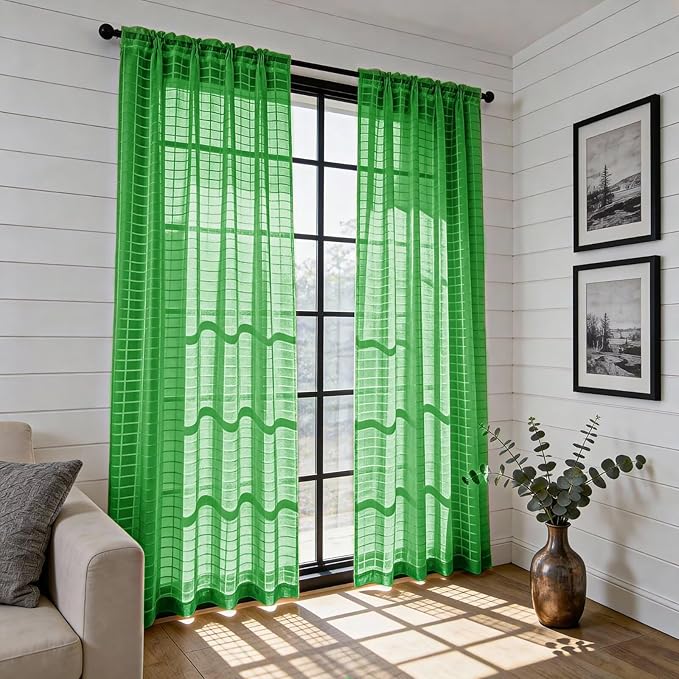 SpaceDresser Check Sheer Curtains 108 Inches 2 Panels Set, Rod Pocket Plaid Window Curtain for Living Room, Green Semi Sheer Drapes for Kitchen Bedroom Children Room Yard（Green, 52W x 108L）
