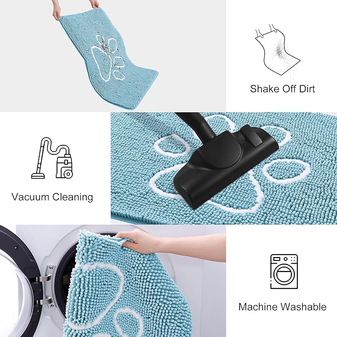 Smiry Dog Door Mat for Muddy Paws, Absorbent Dirt Trapper Non Slip Quick Dry Washable Chenille Mat for Mud Dogs, Entry Rug for Indoor and Outdoor (24x16 Inches, Sky Blue and White)