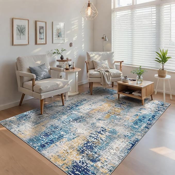 Ompaa Living Room Rug 5x8 Ultramarine Area Rug Machine Washable Boho Rug Non Slip Abstract Vintage Indoor Large Rugs for Bedroom, Classroom, College Dorm, Farmhouse, Dining Room, Kids Playroom