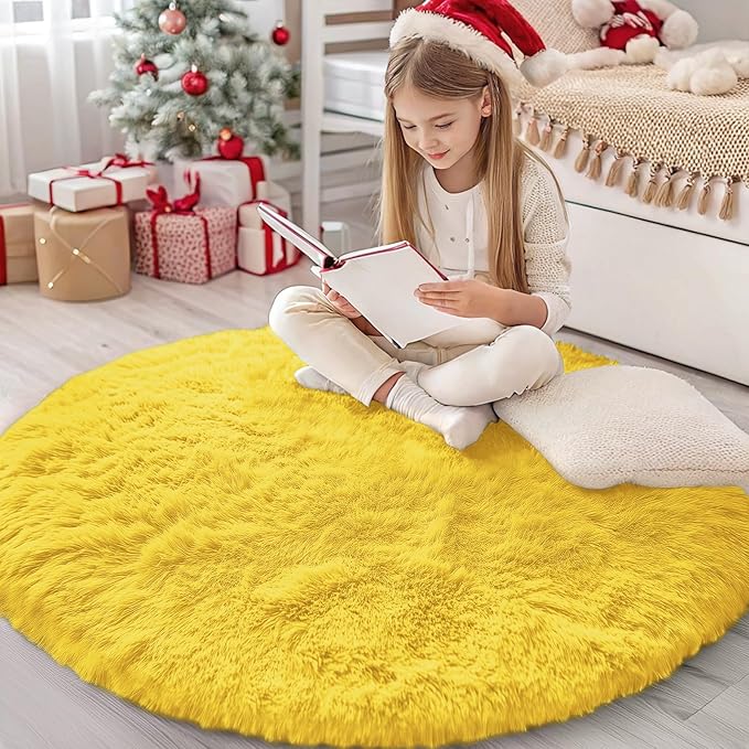 OLANLY Yellow Round Rugs for Bedroom - Machine Washable, 4 ft Circle Area Rugs for Living Room, Soft and Fluffy Shaggy Carpet for Teen Girl and Boys, Nursery Rooms, Dorms, Home Decor Aesthetic