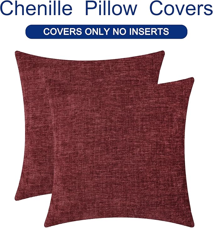 CaliTime Christmas Throw Pillow Covers Decorative 26 X 26 Inches Pack of 2 Cozy Chenille Cushion Cases for Couch Sofa Bed Living Room Home Burgundy
