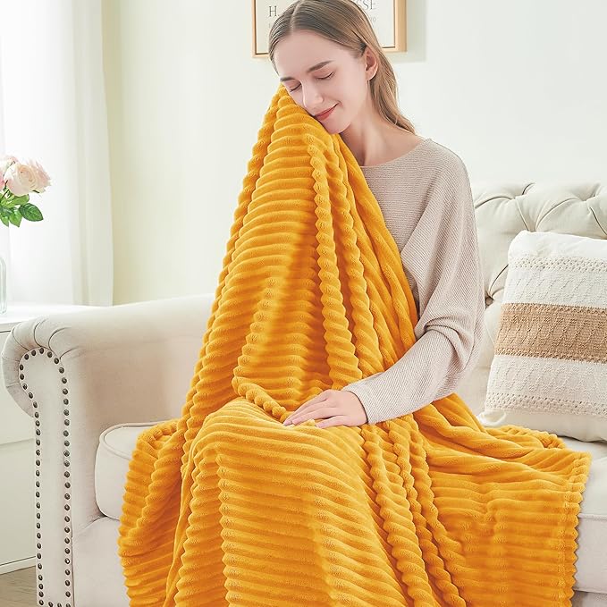 BEDELITE Fleece Blanket - 3D Ribbed Jacquard Decorative Yellow Throw Blanket for Couch & Bed, Lightweight Warm Cozy Soft Fuzzy Blankets All Seasons Suitable 50x60 inches