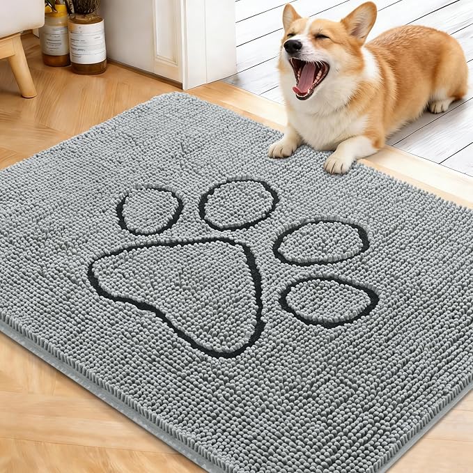 OLANLY Dog Door Mat for Muddy Paws 40x32, Paw Print Design, Absorbs Moisture and Dirt, Absorbent Non-Slip Washable Doormat, Quick Dry Chenille Mud Mat for Dogs, Entry Indoor Entryway Carpet, Grey