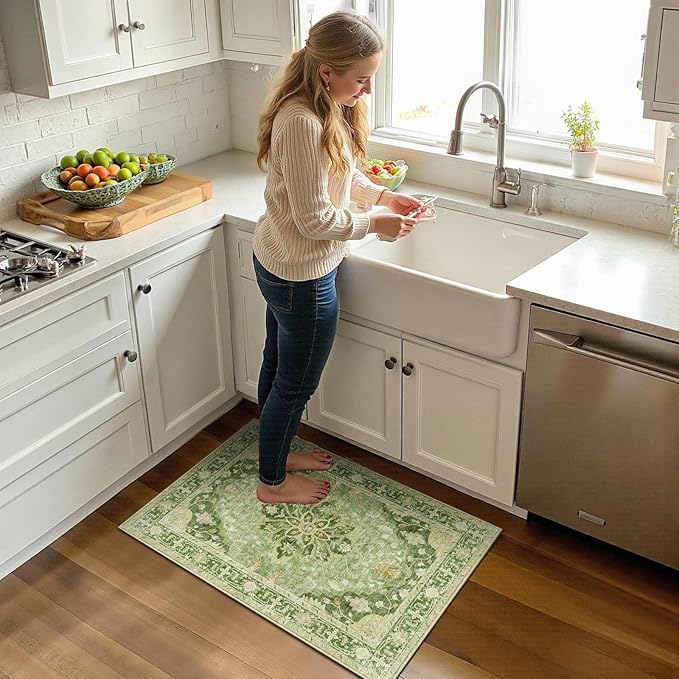 Area Rugs 2'x3' Kitchen Rugs Entry Rug Small Rugs for Entryway Kitchen Bathroom Door Mat Indoor Entrance,Washable Non Slip, Sage Green Yellow