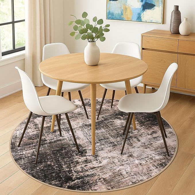 IOHOUZE Abstract Round Area Rug 6 Ft Washable Circle Rugs Large Round Rug Non Slip Thin Soft Circle Rugs, Printed Faux Wool Floor Carpet for Bedroom Living Room Dining Room Nursery, Brown/Rust