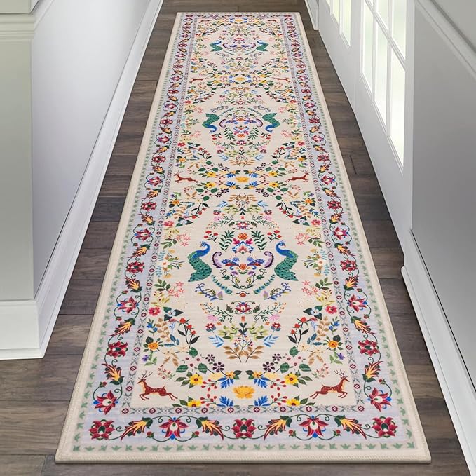 HEBE Washable Hallway Runner Rug 2'x 8' Non Slip Kitchen Rugs Runner,Low Pile Entryway Rug Laundry Room Mat Floral Carpet Runners for Hallways, Kitchen,Bathroom,Laundry,Bedside Rug