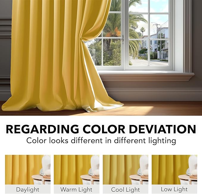 Deconovo Blackout Curtains, Thermal Insulated, W52 x L63 2 Panels, Back Tab, Machine Washable, Room-Darkening Drapes for Bedroom/Living Room Mellow Yellow