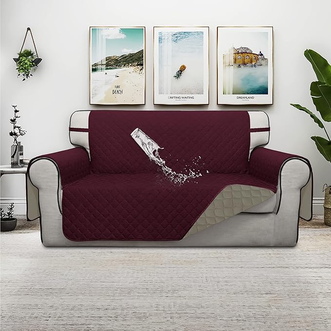 ISSUNTEX Double Protection 100% Waterproof Loveseat Sofa Covers for Living Room, Couch Covers for 2 Cushion Couch Sofa, Reversible Furniture Protector Sofa Cover for Dogs (Loveseat, Wine/Beige)