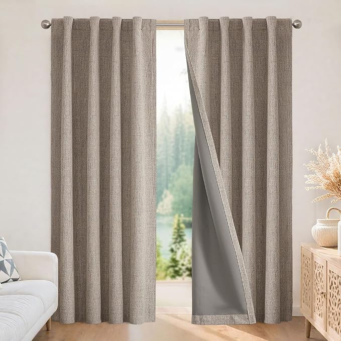 Joydeco Blackout Curtains for Bedroom - Natural Linen Curtains 37 X 72 inch, Thermal Insulated 100% Blackout 2 Panels Light Blocking Drapes, Rod Pocket & Back Tabs, Darkening Privacy for Living Room