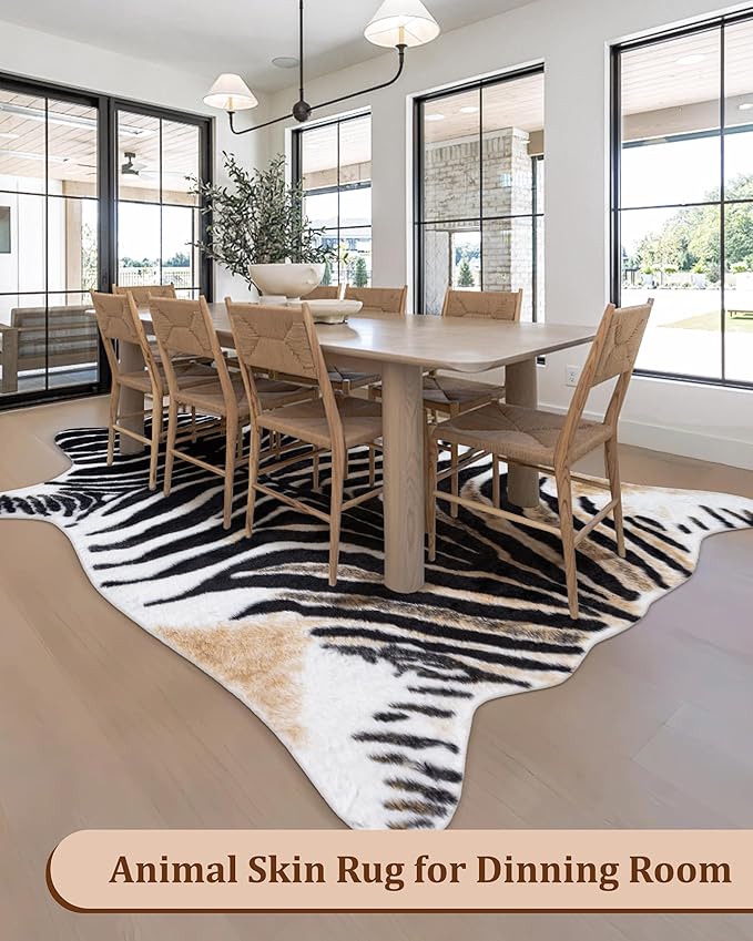 Zebra Print Rug for Living Room, Faux Fur Zebra Hide 5.2x7 Feet Animal Skin Rug for Bedroom Nursery Black and White