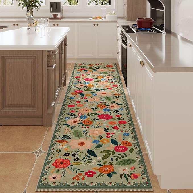 Rugcomf Long Hallway Runner Rug 2'7"x14' - Floral Washable Non Slip Boho Carpet for Kitchen, Entryway, Hall, Bathroom - Green