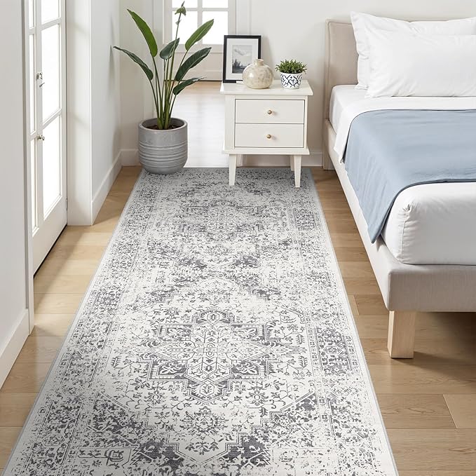 4x8 Washable Hallway Runner Rug - Wide Kitchen Runners Vintage Low Pile Carpet Soft Thin Floor Runner with Rubber Backing for Entryway Bedroom Living Room Home Decor (Distessed Grey)