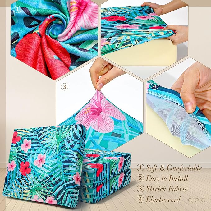 Newwiee 8Pcs Patio Cushion Covers Stretch Outdoor Cushion Cover Replacement for Patio Furniture Sofa Couch Slipcovers, Soft Flexibility Washable Furniture Protector(Fresh Floral,Fresh Color)