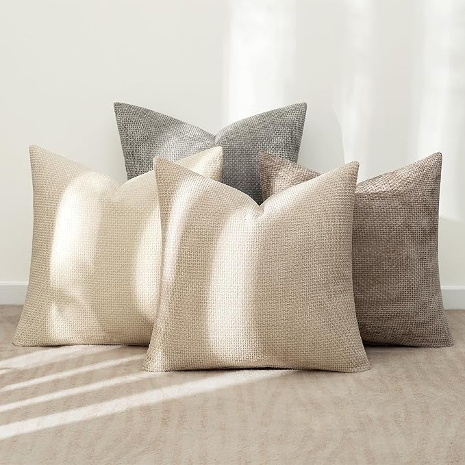 MIULEE Pack of 4 Couch Throw Pillow Covers 16x16 Inch Neutral Beige/Brown Soft Decorative Chenille Pillow Covers Farmhouse Accent Cushion Covers for Boho Spring Home Decor Sofa Bedroom Living Room