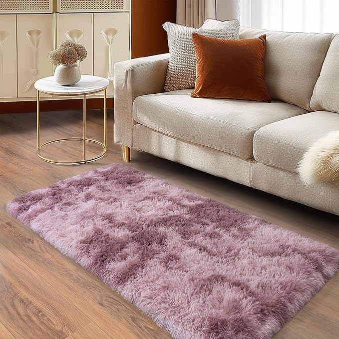 Soft Runner Rugs for Bedroom Hallways, 2x4 Tie-Dyed Grey Purple Fluffy Shag Throw Area Rug Non Slip for Bedside Dorm, Long Shaggy Furry Carpet for Nursery Living Room