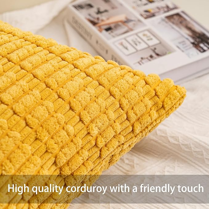 Pack of 2 Corduroy Decorative Throw Pillow Covers 18x18 InchSoft Boho Striped Pillow Covers Modern Farmhouse Home Decor for Sofa Living Room Couch Bed(Yellow)