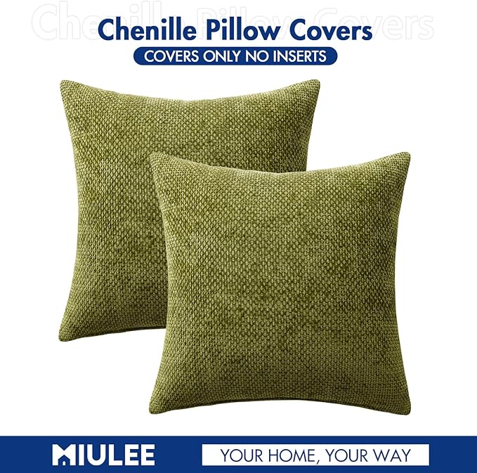 MIULEE Pack of 2 Couch Throw Pillow Covers 20x20 Inch Olive Green Modern Boho Accent Decorative Pillow Covers Soft Chenille Farmhouse Cushion Covers for Home Decor Bed Sofa Living Room