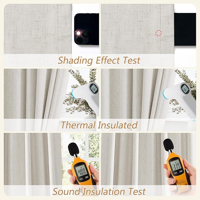 Guken 112 Inch Long Boho 100% Black Out Curtain 2 Panels Set, Linen Blackout Curtains Sound Proof Heat Blocking Thermal Insulated Window for Bedroom Back Tab Rod Pocket, 52x112