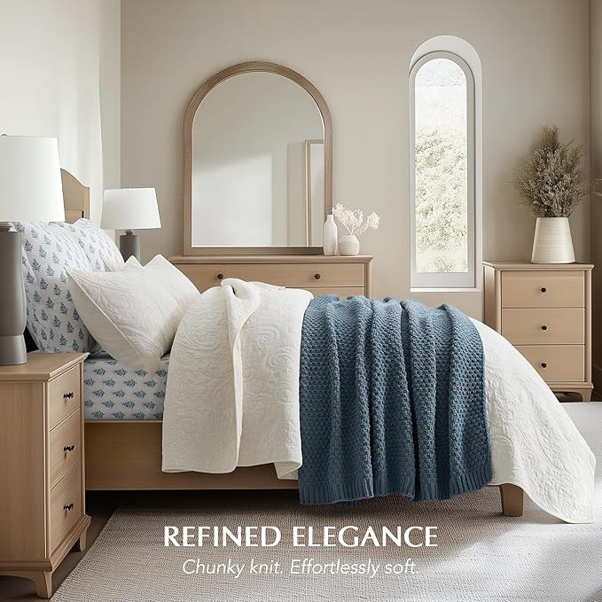 EVERGRACEHOME Chunky Chenille Knit Throw Blanket for Couch, Soft Luxurious Moss Stitch Blankets for Bed, Cozy Decorative Farmhouse Knitted Throws for Sofa, Stormy Blue, 50" x 60"