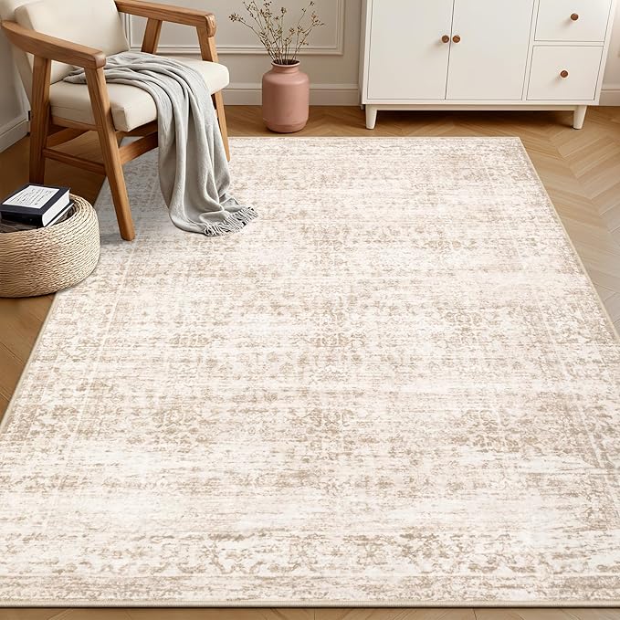 6x9 Area Rugs Living Room Rug: Washable Vintage Boho Rug No Slip Stain Resistant Soft Carpet Indoor Floor Floral Large Carpets for Bedroom Dining Room Farmhouse Nursery Home Office Beige