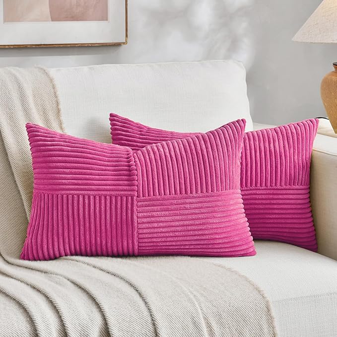 Fancy Homi 2 Packs Hot Pink Long Lumbar Decorative Throw Pillow Covers 12x24 Inch for Couch Bed Sofa, Rustic Farmhouse Boho Home Decor, Soft Striped Corduroy Rectangle Accent Cushion Case 30x60 cm