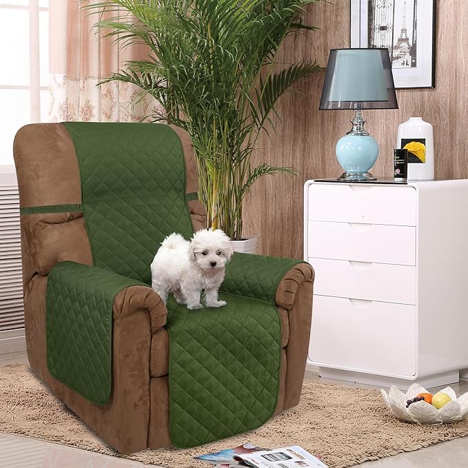 U-NICE HOME Recliner Chair Covers Reversible Quilted Water Repellent Pet Protectors with Elastic Straps (23''Recliner Small, Huntergreen/Sage)