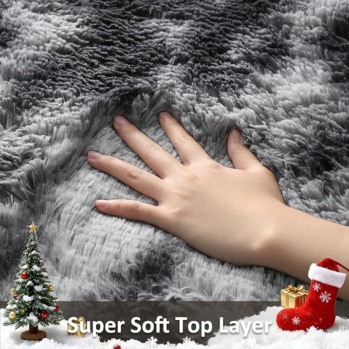 Ophanie Tie-Dyed Black&Grey Area Rugs for Bedroom Living Room, Fluffy Shag Fuzzy Carpet, Plush Shaggy Rug, 4x6 Indoor Carpet for Kids Boys Dorm Home Decor Aesthetic, Nursery