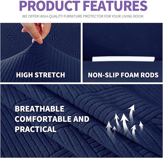ZNSAYOTX Super Stretch Loveseat Covers (57"-70"), New Striped Love Seat Slipcover, Dogs Pet Friendly Anti-Slip Couch Protector Spandex Durable 2 Seater Fabric Sofa Cover (Navy Blue, Loveseat)