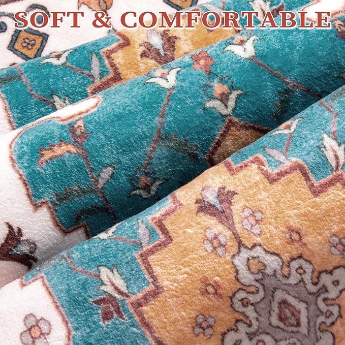 SERISSA Area Rug 4x6 Boho Rugs for Bedroom, Vintage Orange Washable Non Slip Rug, Ultra Soft Print Distressed Low-Pile Throw Rug Carpet for Nursery Dorm Kitchen Living Room Decor