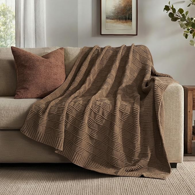 EVERGRACEHOME Modern Checkered Chenille Throw Blanket, Soft Cozy Plaid Knitted Chair Blanket for Sofa Couch, Decorative Knit Throw for Bed and Living Room, Camel Brown, 50" x 60"